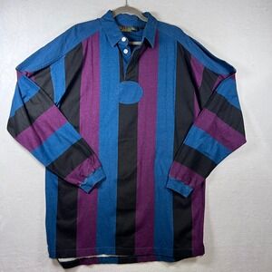 Vintage Street Scenes Mens XLXT Rugby Striped Long Sleeve Blue Purple Cotton